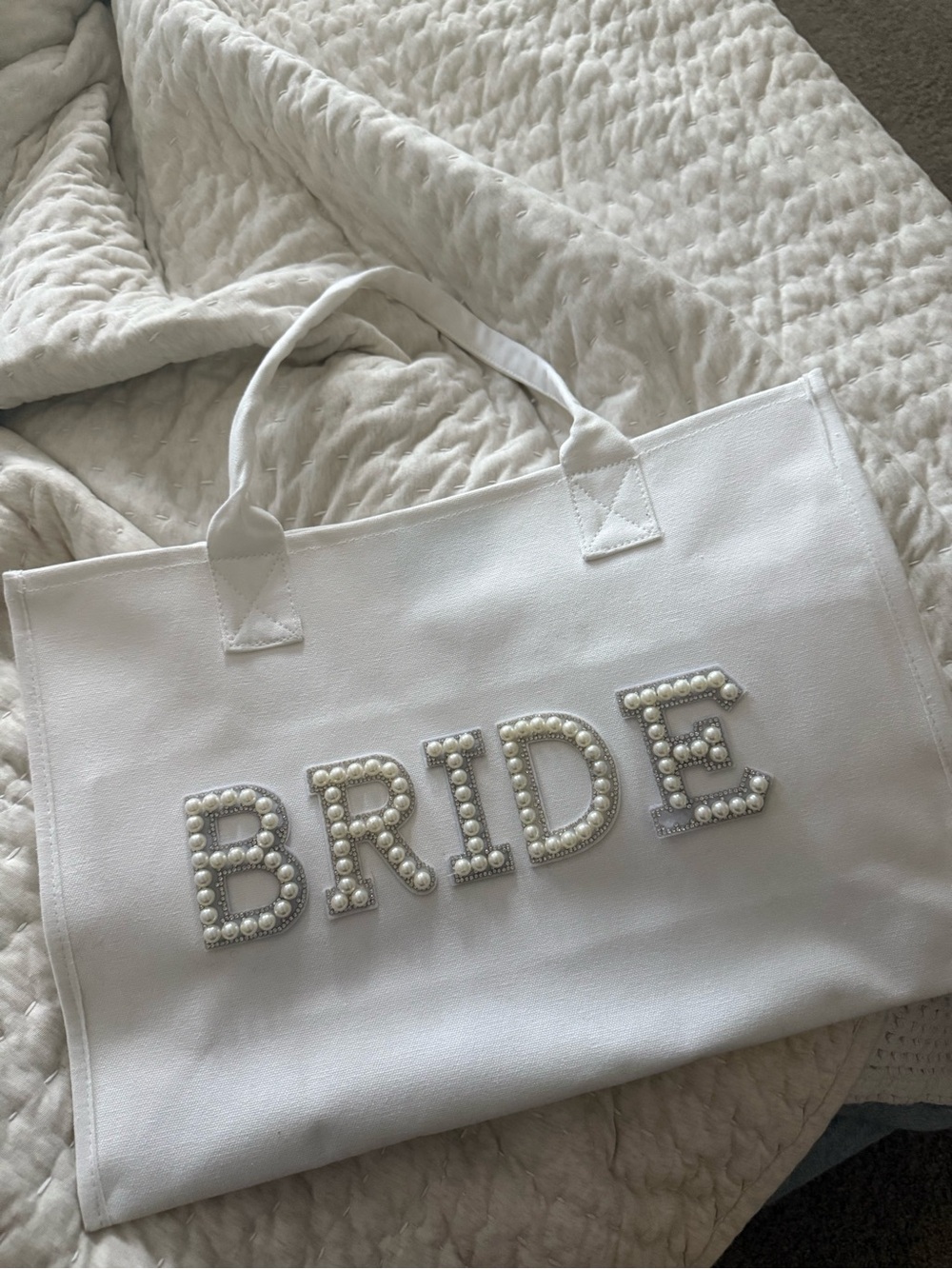 White Bride Tote Bag with Pearl Embellishment